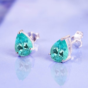 Paraiba Tourmaline Earring Studs, Anniversary Gifts, Neon Blue Pear Studs, Tourmaline Earring, Everyday Studs, Women Jewelry, Gifts For Love