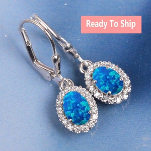 14K White Gold Blue Opal Earring, Blue Opal Gemstone Dangle Earrings, Opal Jewelry,Women's Halo Earring, Bridal Earring,Blue Fire Opal Studs