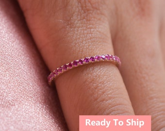 1.8MM Wide Ruby Half Eternity Band Wedding Promise Ring Stackable Ring Engagement Ring Gifts For Her Women Dainty jewelry Pink Gemstone Ring