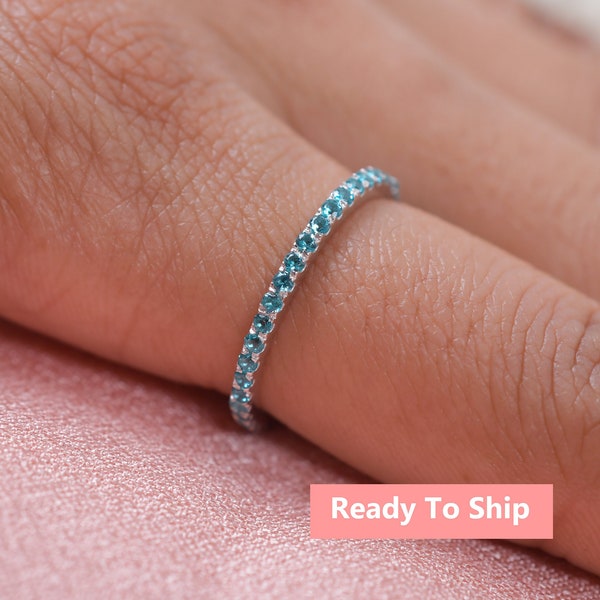 14K Gold Paraiba Tourmaline Eternity Ring Half Eternity Matching Band Women Stacking Ring Neon Blue Tourmaline Ring Wedding Anniversary Gift