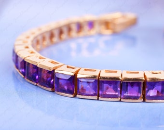 Amethyst Bracelet, Chain Bracelet, Line Bracelet, 4MM Square Cut Gemstone Bracelet, Rose Gold Bracelet, Mother Daughter Gift, Unique Jewelry