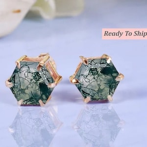 Hexagon Cut Moss agate Earrings Earing Studs Natural Gemstone Earring Art Deco Earring Anniversary Gift For Her Birthday Gift Bridal Jewelry