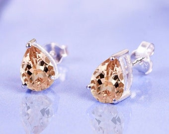 Pear Morganite Stud Earring Peach Pink Gemstone Solitaire Bridal Earrings Morganite Jewelry
