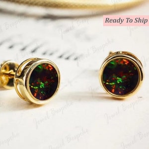 Genuine Australian Opal Stud Earrings, Round 6MM Black Opal, 14K Gold Earring, Black Opal Earring, Opal Stud, Rainbow Fire Opal Stud Earring