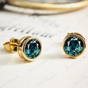 Teal Sapphire Studs Personalized Gifts Earring For Women Green Gemstone Earing Handmade Jewelry Round Earring 14K Gold Studs Mother Daughter