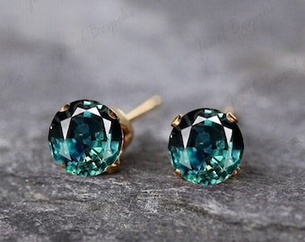 Solid Gold Round Teal Sapphire Earring Wedding Promise Gifts Green Teal Sapphire Stud Earrings Vintage Art Deco Jewelry Anniversary Gifts