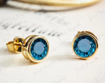14K Yellow Gold Ocean Blue Teal Sapphire Earring Handmade Jewelry Birthday Gifts Women Stud Earring Minimalist Round Studs Gifts For Mother