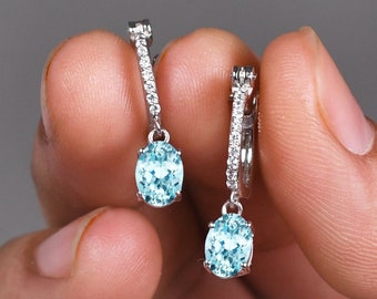 Aquamarine Leverback Earring Oval Shaped White Gold Drop & dangle Earring Vintage Aquamarine Wedding Jewelry Anniversary Gift For her Women