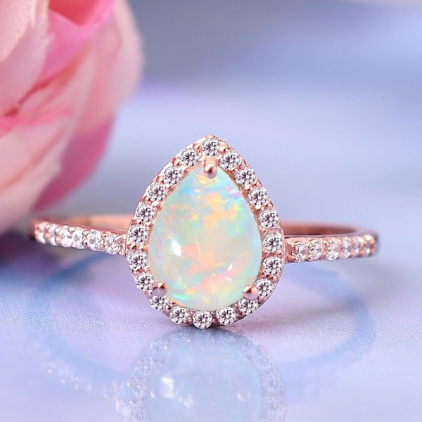 Natural Opal Ring Opal Engagement Ring Teardrop White Opal Ring Anniversary Birthday Gift Wedding Diamond Halo Ring Proposal Ring UniqueGift