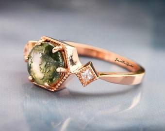 Vintage Engagement Moss Agate Ring, Promise Ring for her, Wedding Ring, Unique Rose Statement Ring for Woman Anniversary Gift For Her