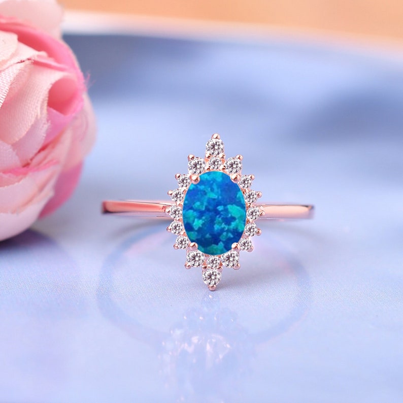 14K Blue Fire Opal Engagement Ring Oval Opal Wedding Rings Anniversary Gifts For Loved Ones Birthstone Ring Promise Rings Blue Opal Jewelry image 1