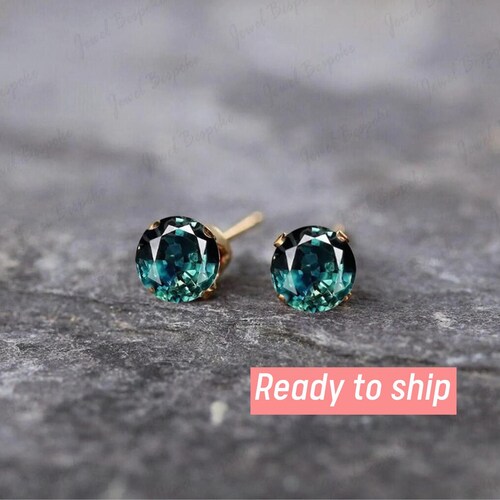 Green Teal Sapphire Stud Earrings, 14K Yellow Gold Minimalist Anniversary Jewelry