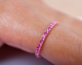 Ruby Half Eternity 14K Gold Ring Dainty Pink Gemstone Band Anniversary gifts