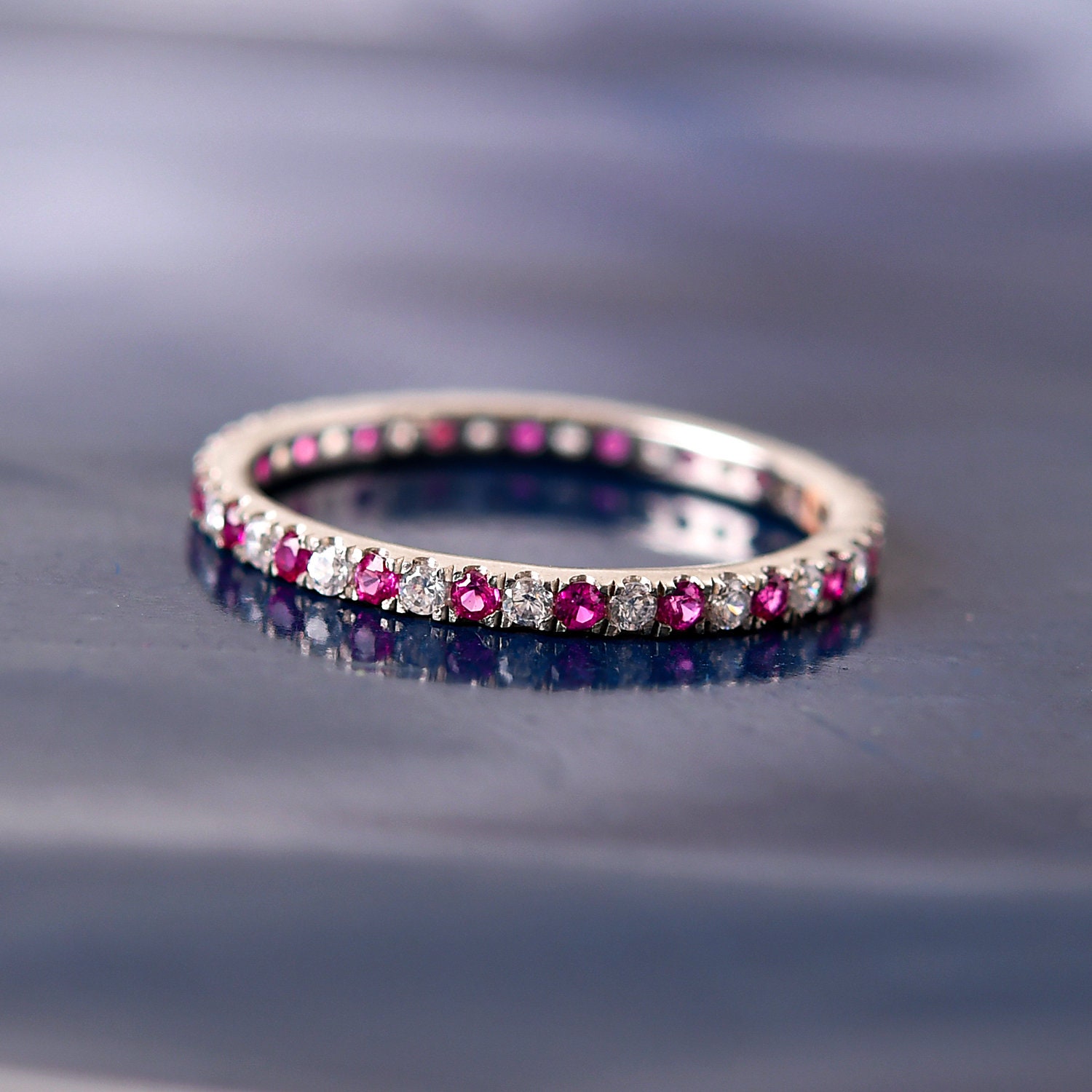 14K White Gold Ruby & Moissanite Full Eternity Wedding Band Engagement ...
