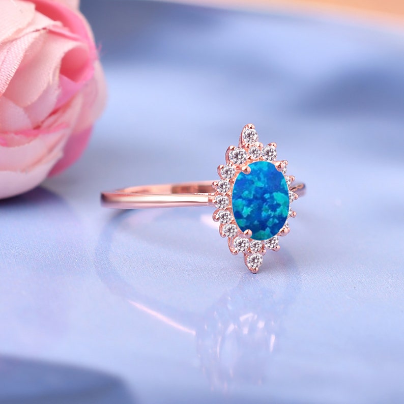 14K Blue Fire Opal Engagement Ring Oval Opal Wedding Rings Anniversary Gifts For Loved Ones Birthstone Ring Promise Rings Blue Opal Jewelry image 3