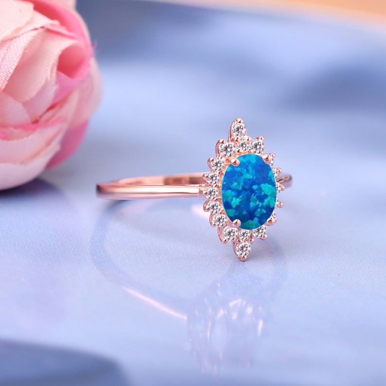 14K Blue Fire Opal Engagement Ring Oval Opal Wedding Rings Anniversary Gifts For Loved Ones Birthstone Ring Promise Rings Blue Opal Jewelry image 6