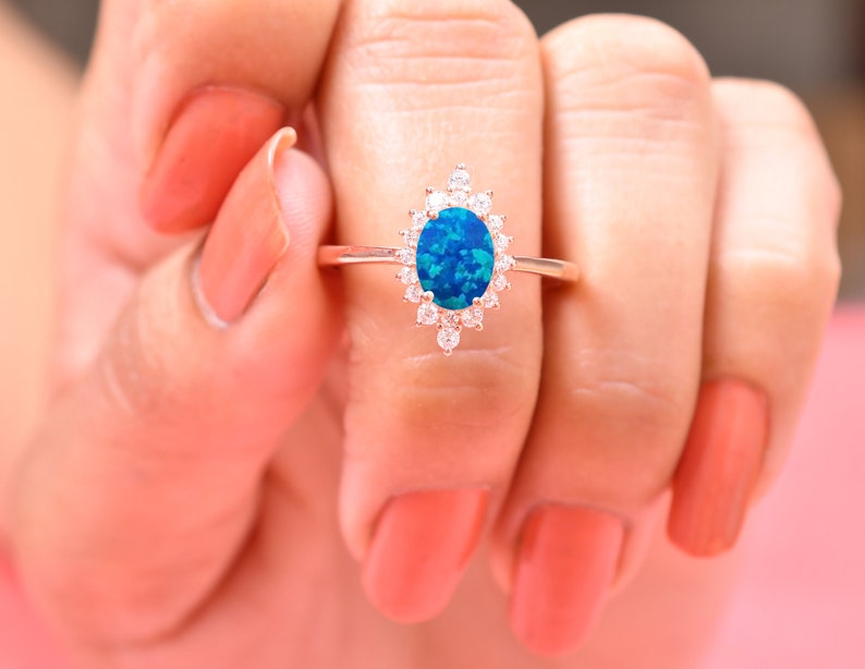 14K Blue Fire Opal Engagement Ring Oval Opal Wedding Rings Anniversary Gifts For Loved Ones Birthstone Ring Promise Rings Blue Opal Jewelry image 2