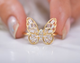 Butterfly Statement Ring, Simulated White Diamond, 14K Yellow Gold Wedding Jewelry