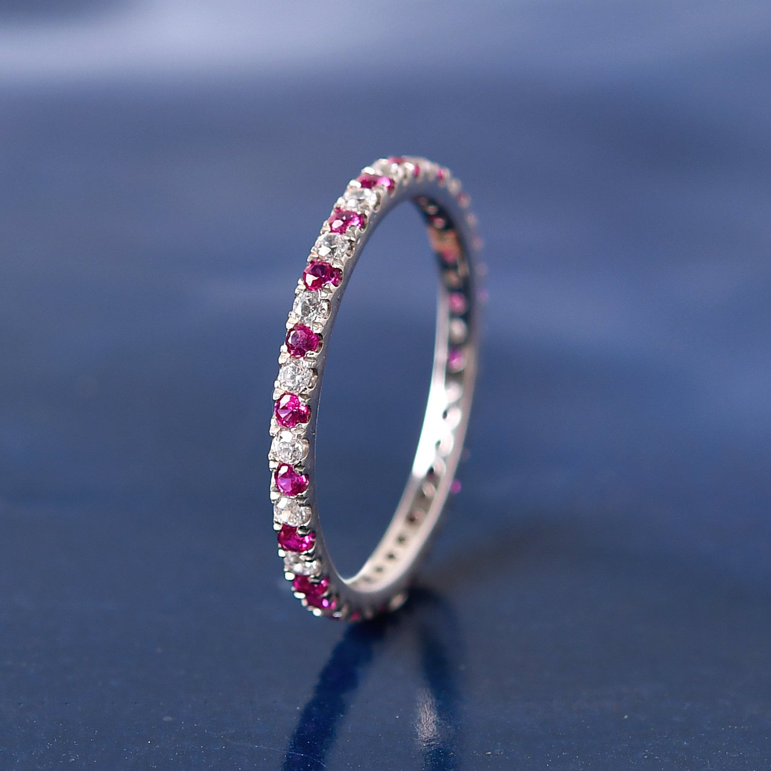 14K White Gold Ruby & Moissanite Full Eternity Wedding Band Engagement ...