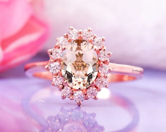 Morganite Ring Floral Morganite Ring 14K Rose Gold Engagement Ring Moissanite Ring Anniversary Birthday Gift For Her Oval Morganite Ring