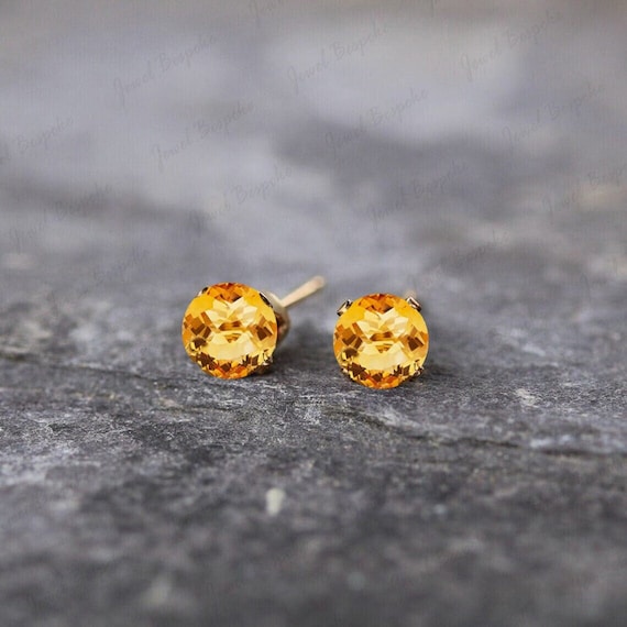 Yellow Citrine Earring Anniversary Gift Round Earring Studs Women Everyday Jewelry Citrine Stud Vintage Art Deco Earring 14K Gold Earrings