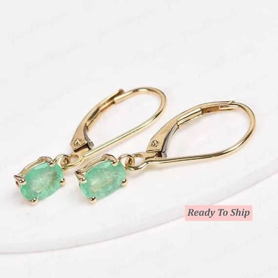 Natural Emerald Leverback Earrings 14K Yellow Gold Dangle Earrings Drop Jewelry Gifts