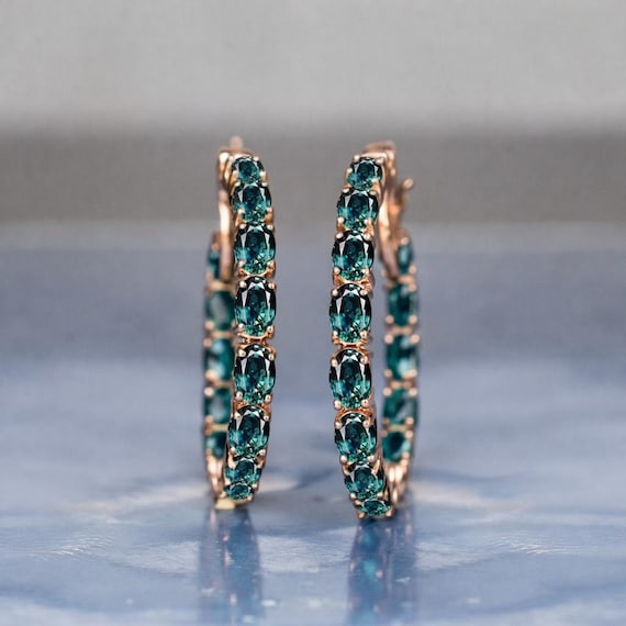 Green Teal Sapphire Hoop Earring Rose Gold Art Deco Bridal Jewelry Elegant Promise Gifts
