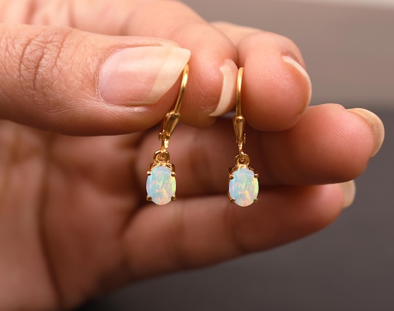 14K Yellow Gold Opal Leverback Earrings Oval Cut Opal Jewelry Wedding Gifts For Daughter
