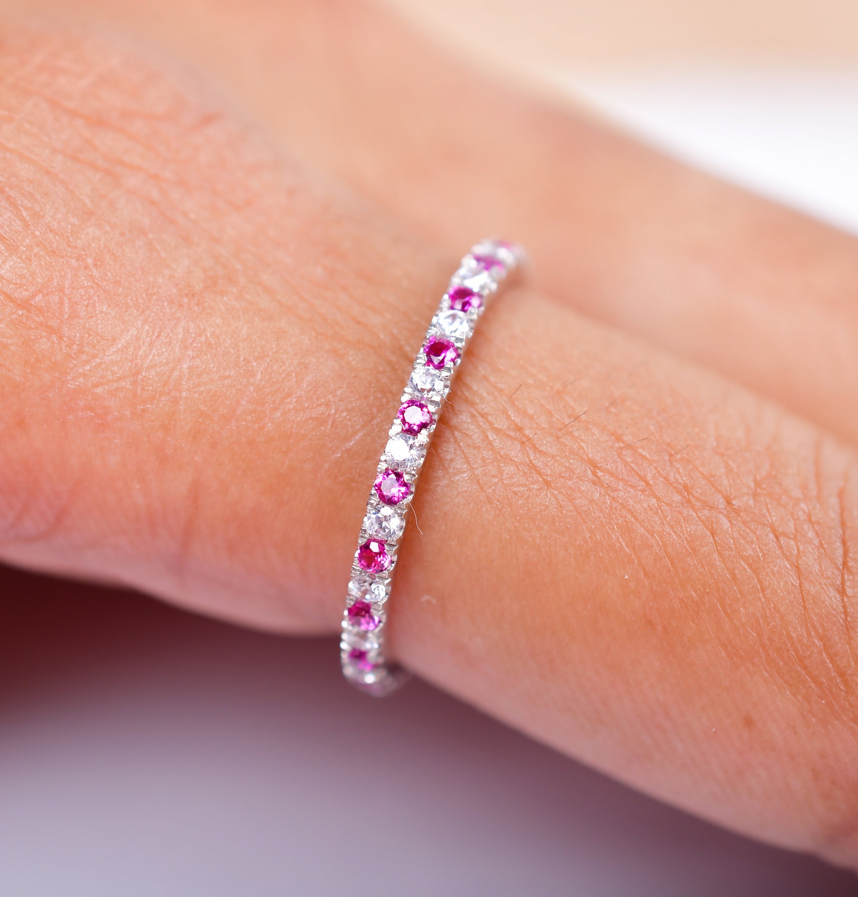 14K White Gold Ruby & Moissanite Full Eternity Wedding Band Engagement ...