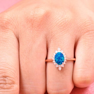 14K Blue Fire Opal Engagement Ring Oval Opal Wedding Rings Anniversary Gifts For Loved Ones Birthstone Ring Promise Rings Blue Opal Jewelry image 5