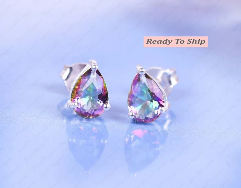 Mystic Topaz Stud Earring, Vintage Art Deco Earring, Push Back Earring, Bridesmaid gift, Mystic Topaz Studs, Multi Stone Earing,Gift for her