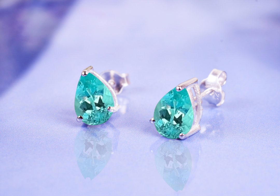 Paraiba Tourmaline Earring Studs, Anniversary Gifts, Neon Blue Pear