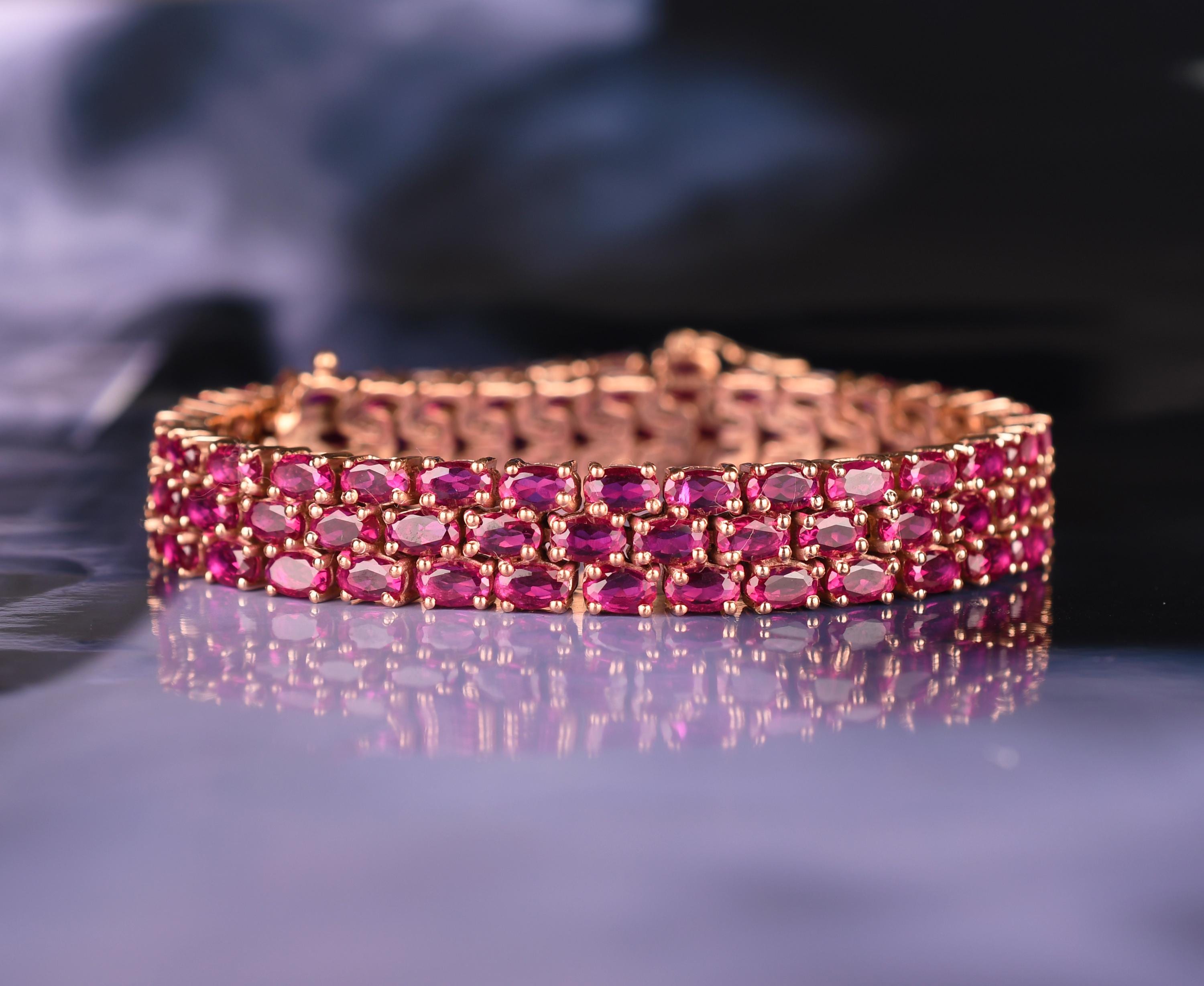 Natural Pink Ruby Bracelet Rose Gold Triple Row Style Tennis Bracelets…