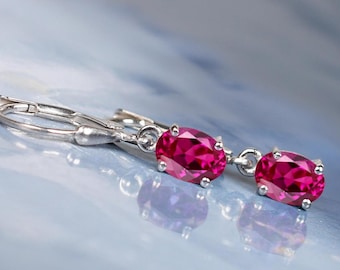 Art Deco Ruby Drop Earrings 14K Gold Leverback Oval Pink Ruby Jewelry Luxury Gifts