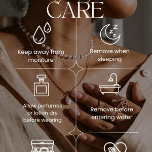 May include: JewelBespoke Jewelry Care guide. The image shows tips for jewelry care, including keeping jewelry away from moisture, removing it before sleeping, and storing it in a closed bag or box.
