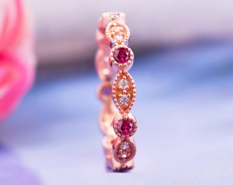 14K Rose Gold Ruby Eternity Band Anniversary Gifts for Her Ruby Jewelry