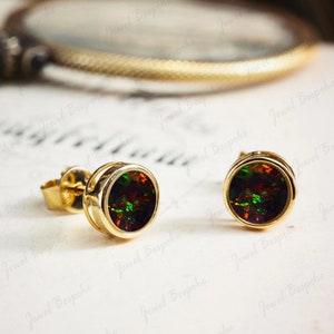 Genuine Australian Opal Stud Earrings, Round 6MM Black Opal, 14K Gold Earring, Black Opal Earring, Opal Stud, Rainbow Fire Opal Stud Earring