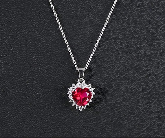 Heart Cut Pink Ruby Pendant, Sterling Silver Moissanite Halo Necklace