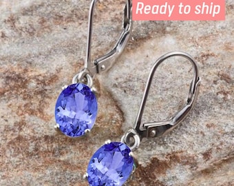 14K Tanzanite Leverback Earrings, Oval Gemstone Drop Earrings, Promise Gifts
