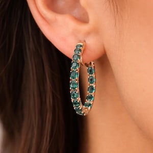 Teal sapphire hoop earrings, teal blue sapphire hoops, sapphire eternity hoop earrings, rose gold sapphire earrings, green blue gemstone hoops, luxury sapphire circle earrings, September birthstone earrings, oval cut sapphire hoops, fine jewelry hoop earrings, anniversary gift for her, statement sapphire earrings, elegant bridal sapphire hoops