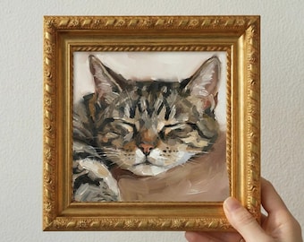 Handmade Sleeping Cat Oil Painting on Canvas | Tabby Cat Wall Art, Small Pet Portrait | Cozy Cottagecore Decor | Animal Artwork Gift