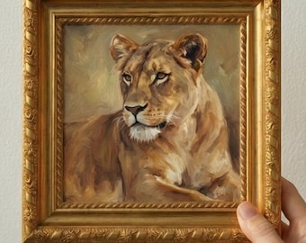 Handgemachte Löwin Ölgemälde | Wildtiere Tier Kunst | Handgemaltes Katzenportrait | Safari-Wand-Dekor | Kunst auf Leinwand