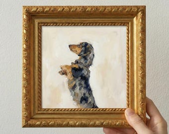 Peinture à l'huile faite main de teckel | Mini portrait d'animal de compagnie | Petite oeuvre d'art murale | Peinture de chiot mignon | Décoration moderne neutre | Cadeau pour les amoureux des chiens