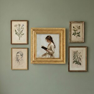 May include: A collection of framed art pieces, including botanical prints and a portrait of a person reading. The central piece is a painting in a gold frame. The other frames are various sizes and styles, creating a gallery wall aesthetic.