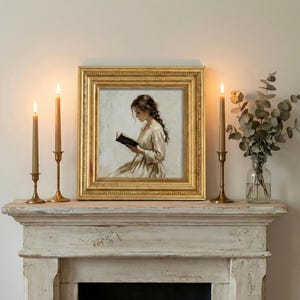 May include: A framed painting of a woman reading, with a gold frame, sits on a distressed white mantel. Lit candles in brass holders flank the painting. A vase of greenery is to the right.