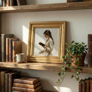 May include: A framed painting of a person reading a book, with a gold ornate frame. The painting is displayed on a wooden shelf, surrounded by antique books and a small potted plant. A ceramic mug sits on the shelf.