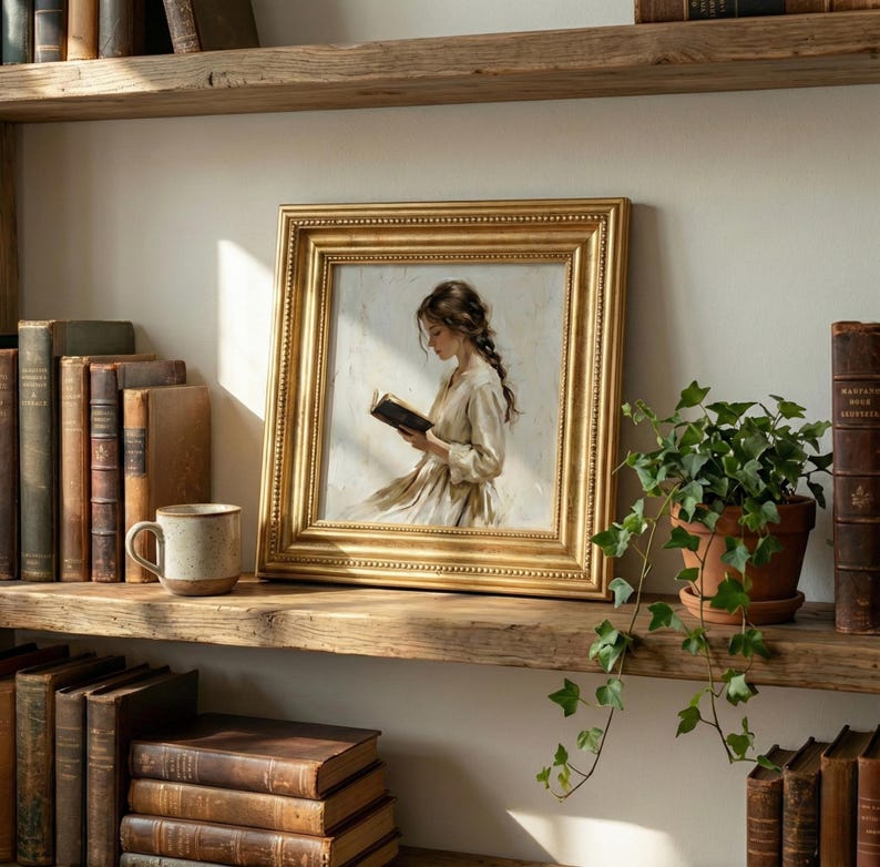 May include: A framed painting of a person reading a book, with a gold ornate frame. The painting is displayed on a wooden shelf, surrounded by antique books and a small potted plant. A ceramic mug sits on the shelf.