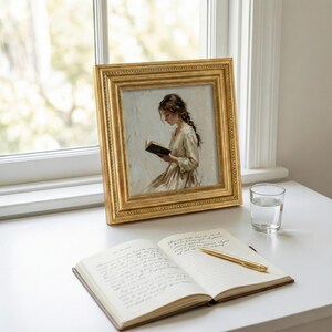 May include: A framed painting of a woman reading, with a gold frame, sits on a white surface next to an open notebook and a gold pen. A glass of water is also on the surface. The painting is in a gold frame.