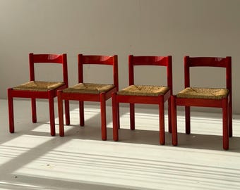 SET of 4 Vintage Red Carimate Chairs style by Vico Magistretti / Wooden Dining Chairs with Woven Seat / Made in Italy / 1970s