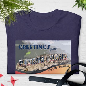 Carte postale Rebirth Island T-shirt bleu marine WZ Battle Royale pour jeu vidéo